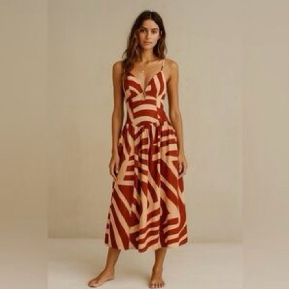 NWT Mon Renn Surreal Midi Dress Tropico Print Red Cotton Vacation various sizes